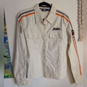 Harley Davidson Women's Patch Racing Stripes Button Down Shirt Ivory XL VTG